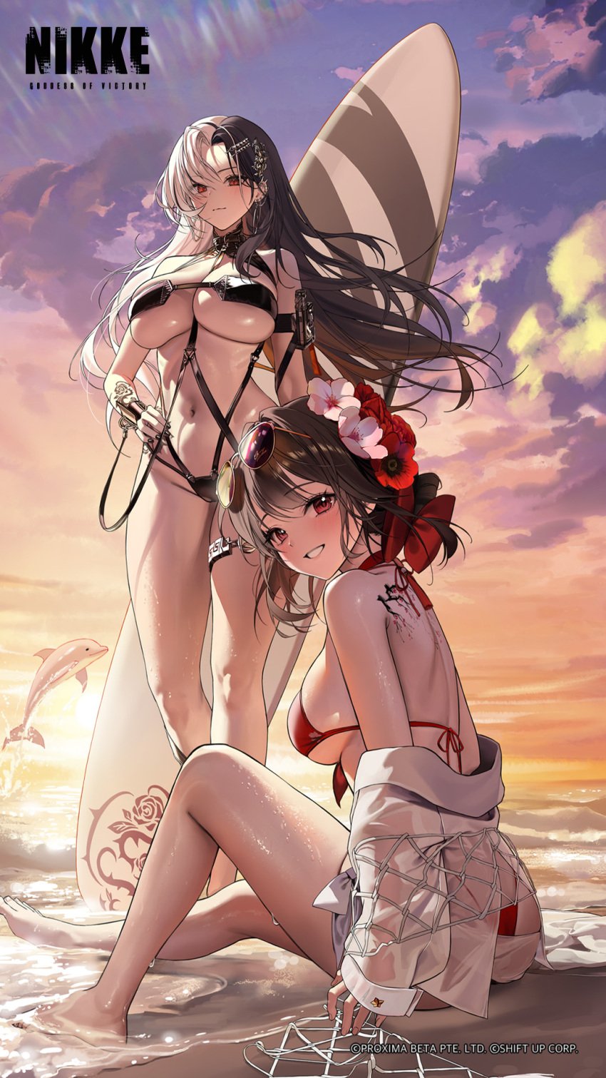 2girls alternate_version_available amber_eyes arm_tattoo ass back_tattoo barely_clothed barely_contained beach belly_button bikini black_hair blush blushing_at_viewer cameltoe dolphin ear_piercing feet flower flower_in_hair game_cg goddess_of_victory:_nikke hi_res high_resolution highres huge_ass huge_breasts large_breasts multiple_girls ocean official_art piercing red_eyes rosanna_(chic_ocean)_(nikke) rosanna_(nikke) sakura_(bloom_in_summer)_(nikke) sakura_(nikke) shaved_crotch shaved_pussy shirt sideboob sitting smile smiling smiling_at_viewer standing sunset surfboard swimsuit tattoo tattooed_arm tattoos thick_thighs thighs underboob water wet wet_body white_hair