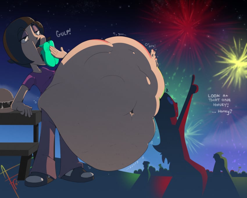 1boy 1girls 2boys afra afraart big_belly brown_hair fireworks fourth_of_july gulping male_pred male_prey same_size_vore solo_focus unsuspecting vore vore_belly