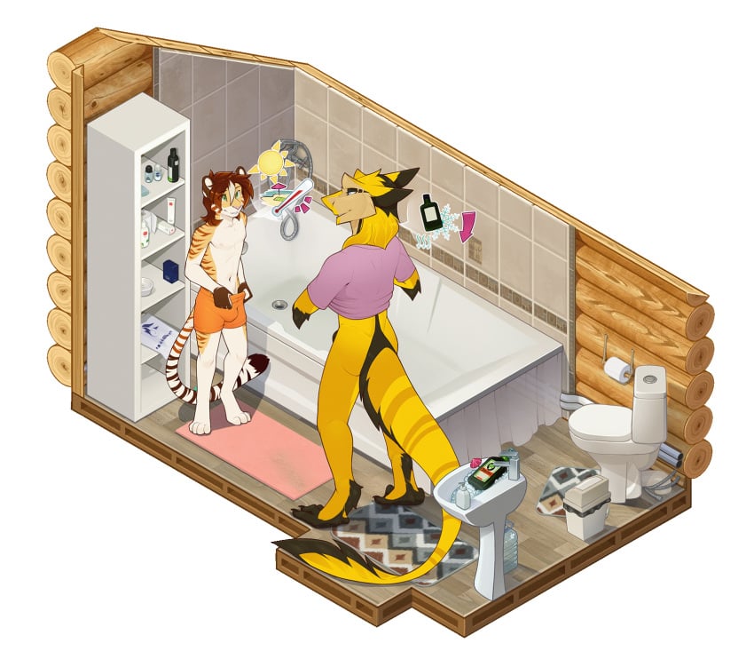 animated anklav anthro bathroom bathtub clothing dlw drinking_alcohol drunk duo felid frottage hi_res male male/male mammal pantherine penile sergal sex shiori_(anklav) speech_bubble substance_intoxication tiger undressing