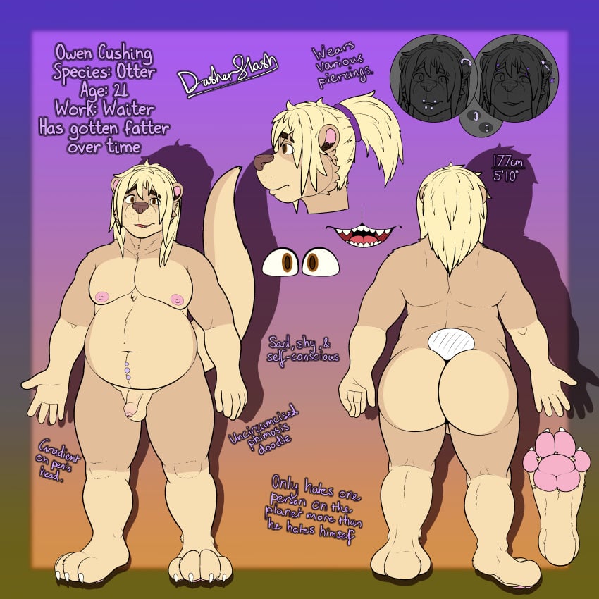 2024 absurd_res accessory anthro ass balls belly_piercing big_butt blonde_hair brown_body brown_ears brown_eyes brown_fur brown_nose brown_tail claws dasherslash digital_media_(artwork) ear_piercing ear_ring english_text eyebrow_piercing facial_piercing feet front_view fur genitals hair hair_accessory hairband hi_res highlights_(coloring) huge_butt lip_piercing long_hair male male_only mammal model_sheet moobs multicolored_body multicolored_fur mustelid nipple_piercing nipples nude obese obese_anthro obese_male otter overweight overweight_anthro overweight_male owen_(dasherslash) pawpads penis piercing pink_nipples pink_pawpads ponytail purple_hairband rear_view ring_piercing side_view small_balls small_penis solo standing tail tan_body tan_fur tan_tail teeth text thick_thighs toe_claws tongue two_tone_body two_tone_fur two_tone_tail white_toe_claws