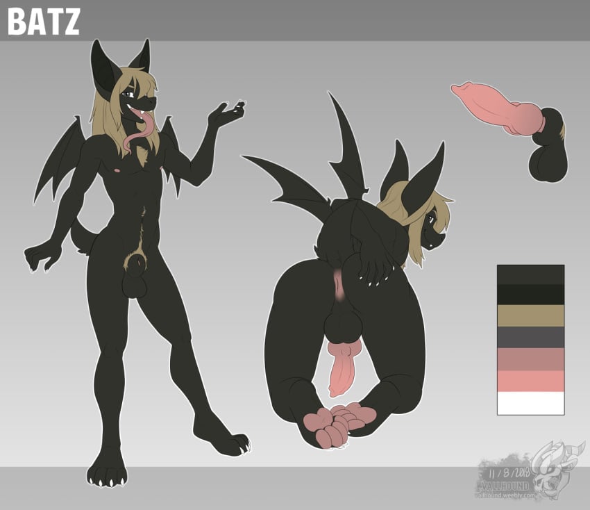 animal_genitalia anthro ass balls bat big_balls big_ears big_sheath biobatz blonde_hair blue_eyes claws dark_fur fangs fur hair hindpaw kneeling long_hair long_tongue looking_at_viewer looking_back male male_only mammal model_sheet nipples open_mouth paws pointy_nose prehensile_tongue presenting presenting_hindquarters pubes puffy_anus raised_tail reference_image sheath simple_background small_tail small_wings smile solo spread_ass spreading standing tongue tongue_out vallhund white_claws wings