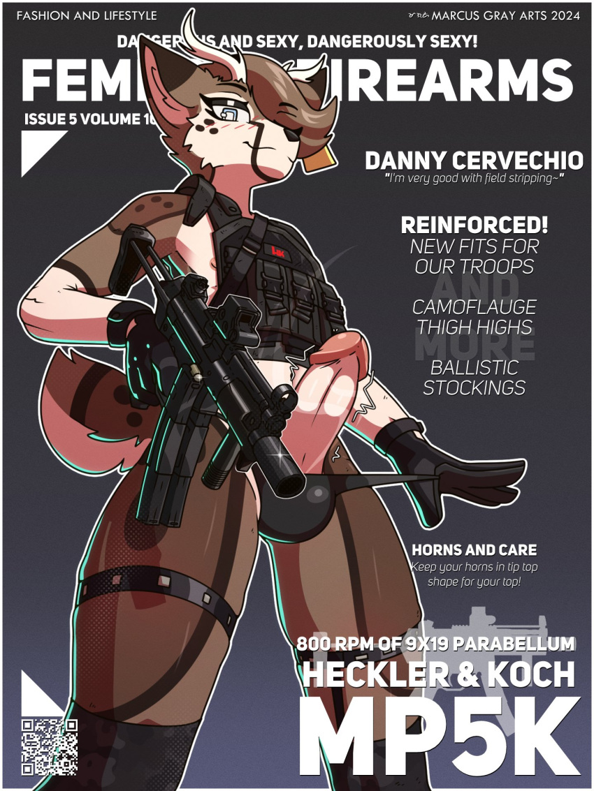 anthro blush bulge clothing clothing_pull deer erection femboy fictional_magazine_cover genitals gloves gun handwear hi_res legwear male male_only mammal marcus_gray mostly_nude mp5 mp5k nipples penis plate_carrier solo text thong underwear underwear_pull weapon