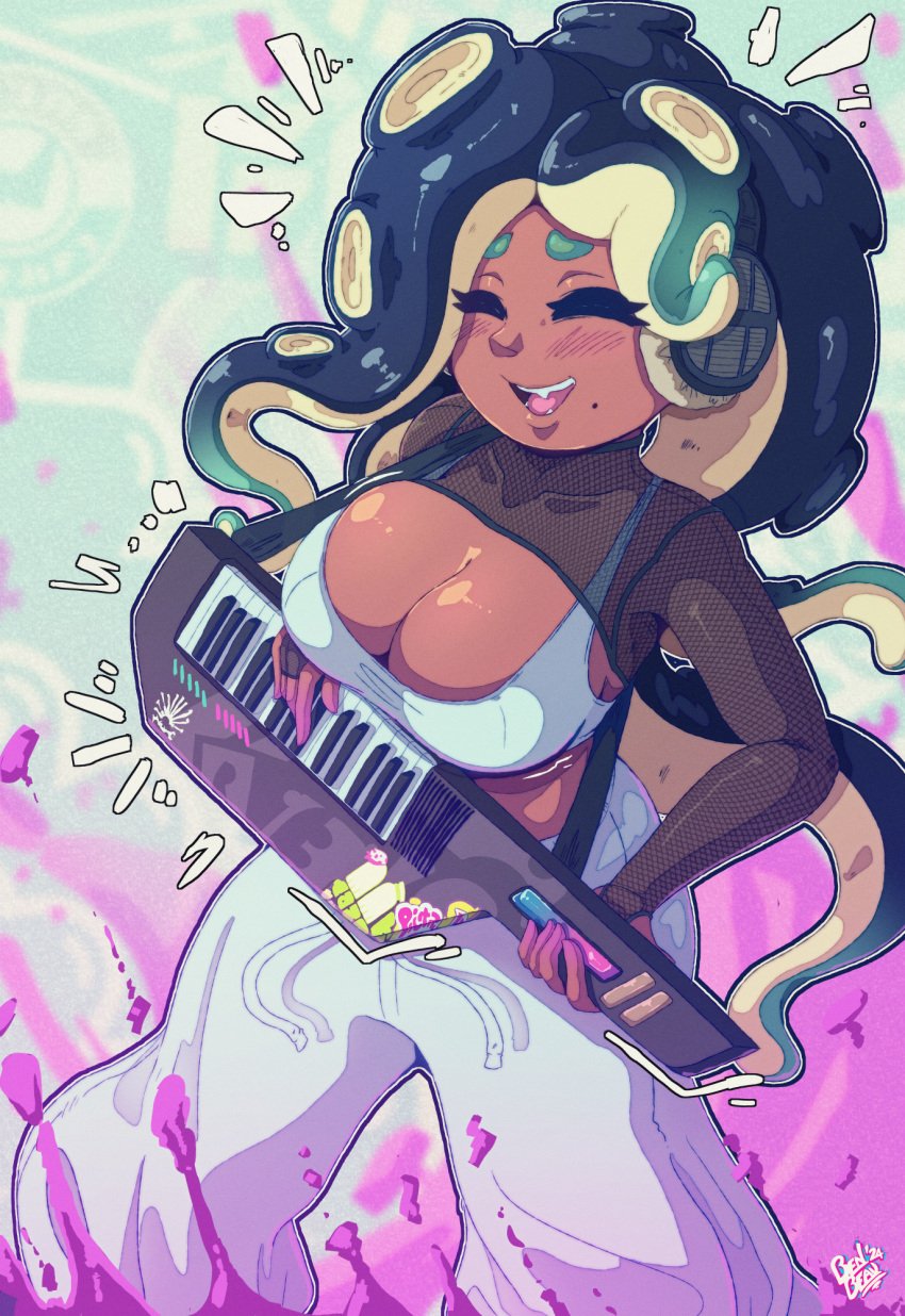 1girls alternate_breast_size alternate_costume benbeau big_breasts blush dark-skinned_female female female_only huge_breasts instrument large_breasts looking_at_viewer marina_(splatoon) marina_(springfest) nintendo octoling official_alternate_costume solo solo_female solo_focus splatfest splatoon splatoon_2 springfest_outfit