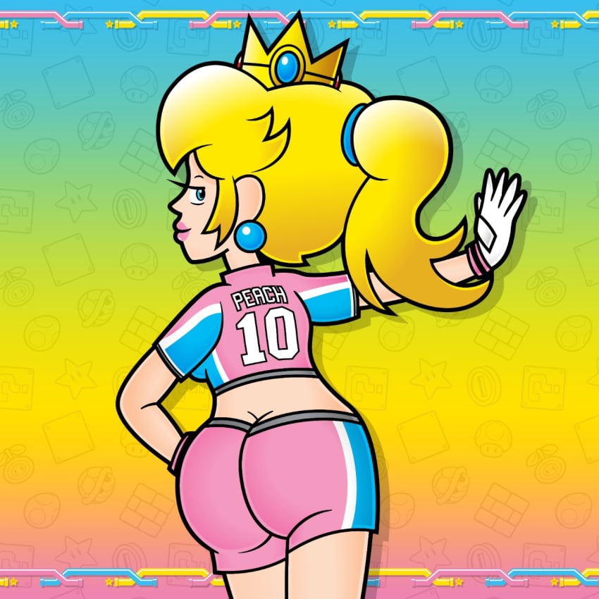 accurate_art_style ass back_view blonde_female blonde_hair butt_crack canonical_scene fawfultg64 looking_back mario_(series) mario_strikers mario_strikers_peach_back_view_redraw_(meme) pink_shorts ponytail princess_peach tagme