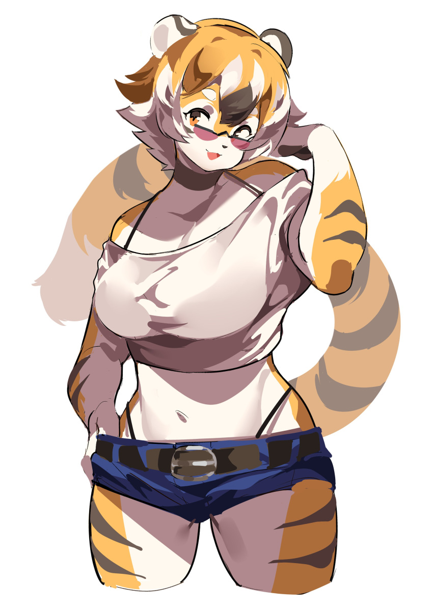 anthro big_breasts breasts cleavage denim denim_shorts feline female furry glasses huge_breasts jean_shorts mx99926 short_hair short_shorts shorts tagme thick_thighs tiger tiger_girl wide_hips