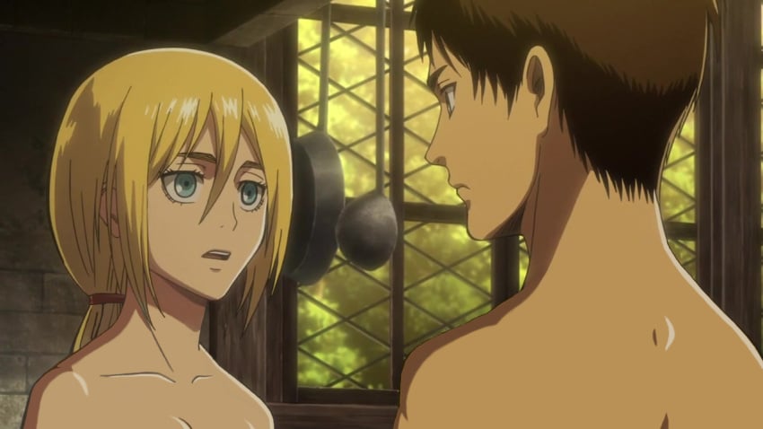 1boy1girl artist_request attack_on_titan blonde_hair blue_eyes cleavage collarbone couple_(romantic) dark_brown_hair erehisu eren_jaeger facing_each_other green_eyes hair_tie historia_reiss imminent_sex naked_female naked_male nude_edit nude_filter screencap shingeki_no_kyojin stone_wall_skin_skin