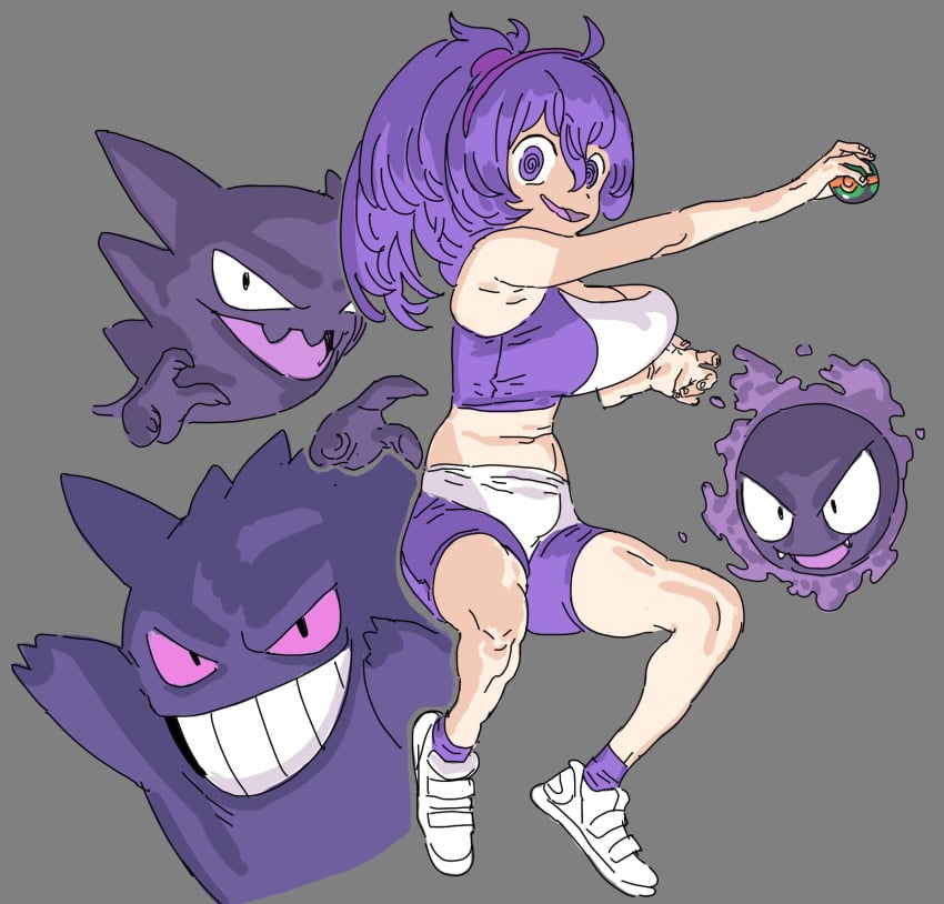 1girls breasts female gastly gengar haunter hex_maniac pokemon pokemon_(species) sportswear suspended_in_midair zippppiz