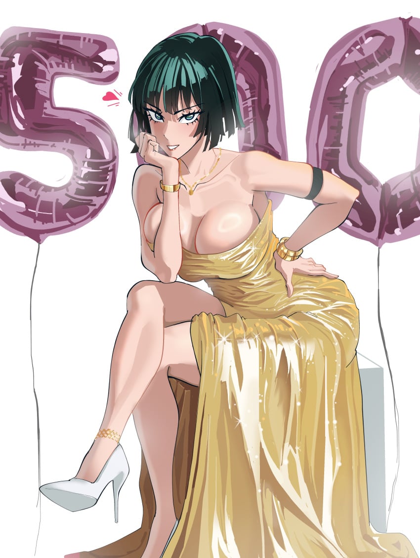 1girls argentumhominem balloons bare_shoulders big_breasts busty cleavage dress follower_celebration fubuki_(one-punch_man) gold_dress green_eyes green_hair hand_on_hip hand_under_chin high_heels legs light-skinned_female light_skin one-punch_man sitting
