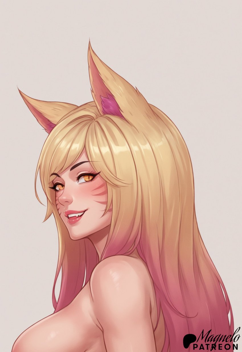 1girls ahri ai_generated big_breasts blonde_hair blush blushing breasts breasts_out cat_ears catgirl cute eyebrows eyelashes face_markings gradient_hair happy happy_female huge_breasts league_of_legends lips magnelo makeup massive_breasts naked no_bra pink_hair puffy_lips riot_games shoulders side_view small_nose smile smiling smiling_at_viewer solo_female star_guardian_ahri star_guardian_series teeth vastaya visible_teeth yellow_eyes yellow_fur yellow_hair