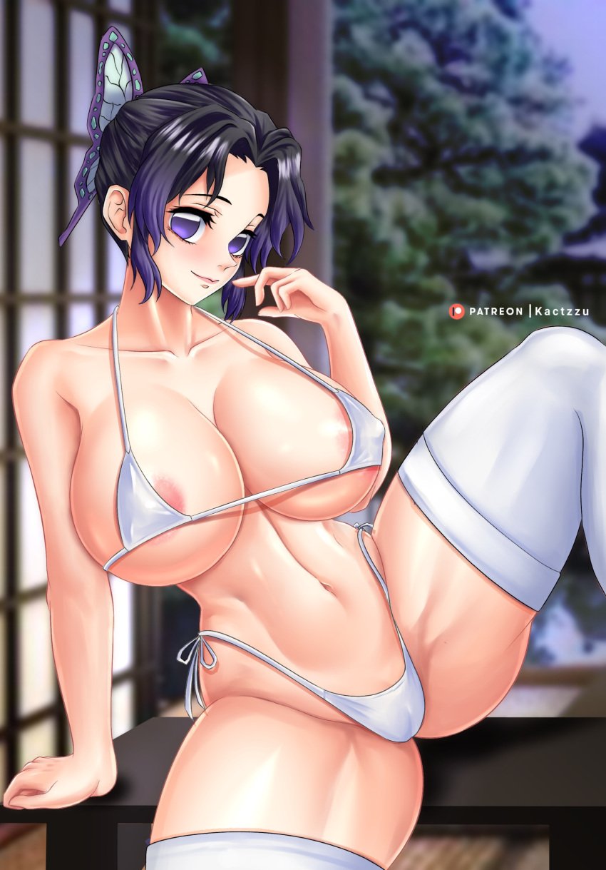 1girls big_breasts black_hair breasts demon_slayer female female_only kactzzu kochou_shinobu purple_eyes purple_highlights short_hair solo thick_body thick_thighs white_stockings white_underwear