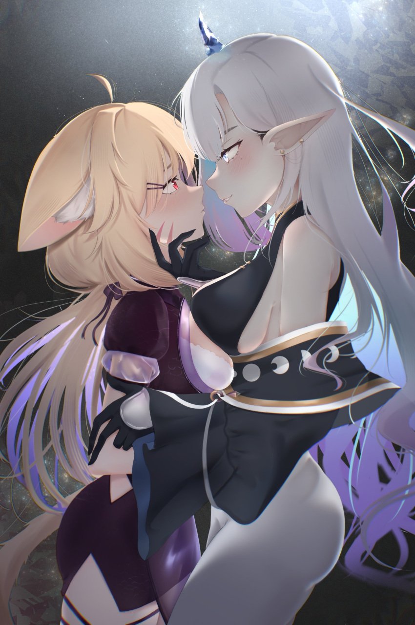 2girls ahoge animal_ears bangs bare_shoulders black_dress black_shirt blonde_hair blush breasts cat_ears cat_tail catgirl dress earrings eye_contact face_markings facial_mark female female_only from_side gloves halo_sweety horn huge_breasts jewelry light-skinned_female light_skin long_hair looking_at_another medium_breasts multiple_girls pointy_ears profile purple_eye red_eyes sideboob silver_hair sleeveless smile squchan_(vtuber) tail very_long_hair virtual_youtuber vyugen white_hair yuri