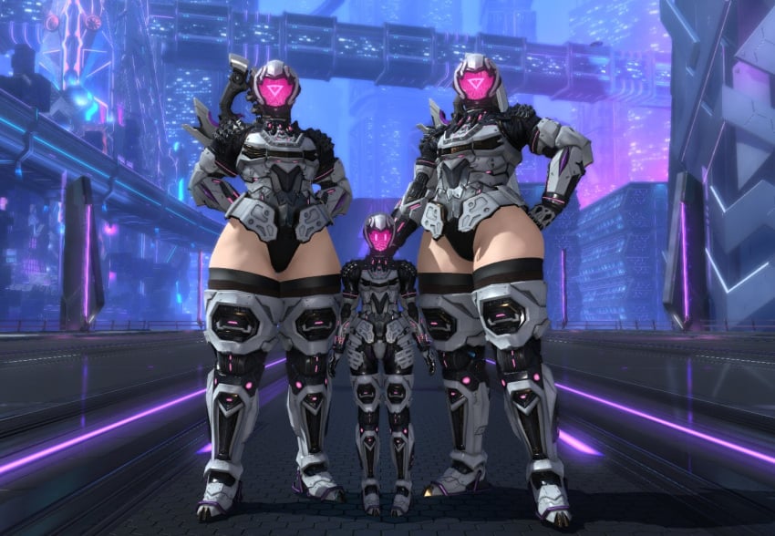 1boy 2girls 2girls1boy cyborg final_fantasy_xiv larger_female methados taller_female taller_girl thick_thighs