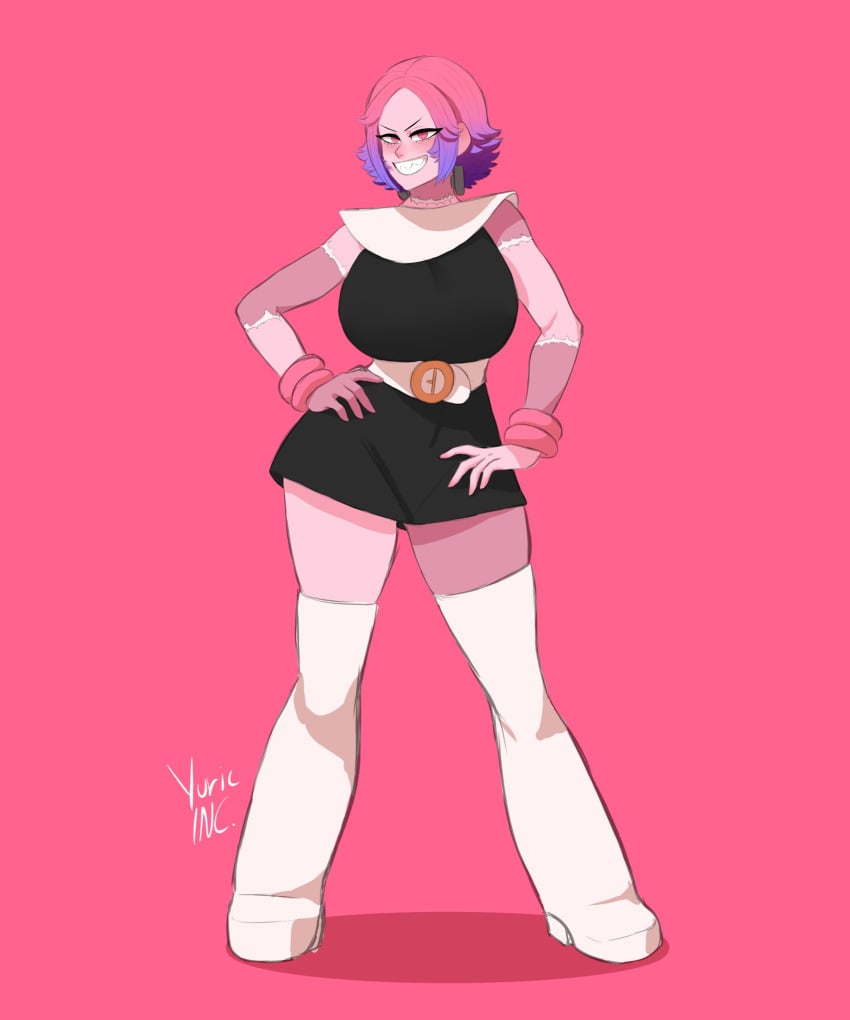 1girls artist_name artist_signature big_breasts black_clothing boots breasts breasts_bigger_than_head female female female_focus female_only frankenstein_(species) gradient_hair hand_on_hip huge_breasts looking_at_viewer lucaslife_(yuric_inc) pink_background pink_eyes pink_hair purple_highlights tagme terra_(yuric_inc) thigh_high_boots thigh_highs thighhigh_boots thighhighs waist_belt wrist_scrunchie yuric_inc