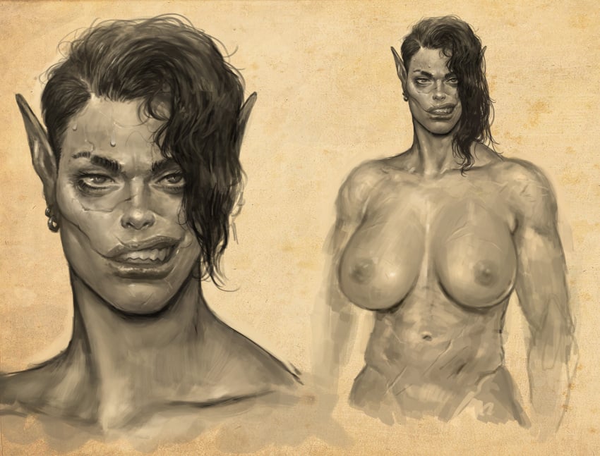 anatomically_correct artistic_nude artistic_nudity clavicle digital_painting_(artwork) elf elf_ears elf_female fantasy female female_focus female_only grayscale greyscale huge_breasts justsomenoob large_breasts monochrome no_visible_genitalia nonsexual nonsexual_nudity scar scarred scarred_face scars_all_over small_areola small_nipples solo_female sweatdrop tasteful_nudity