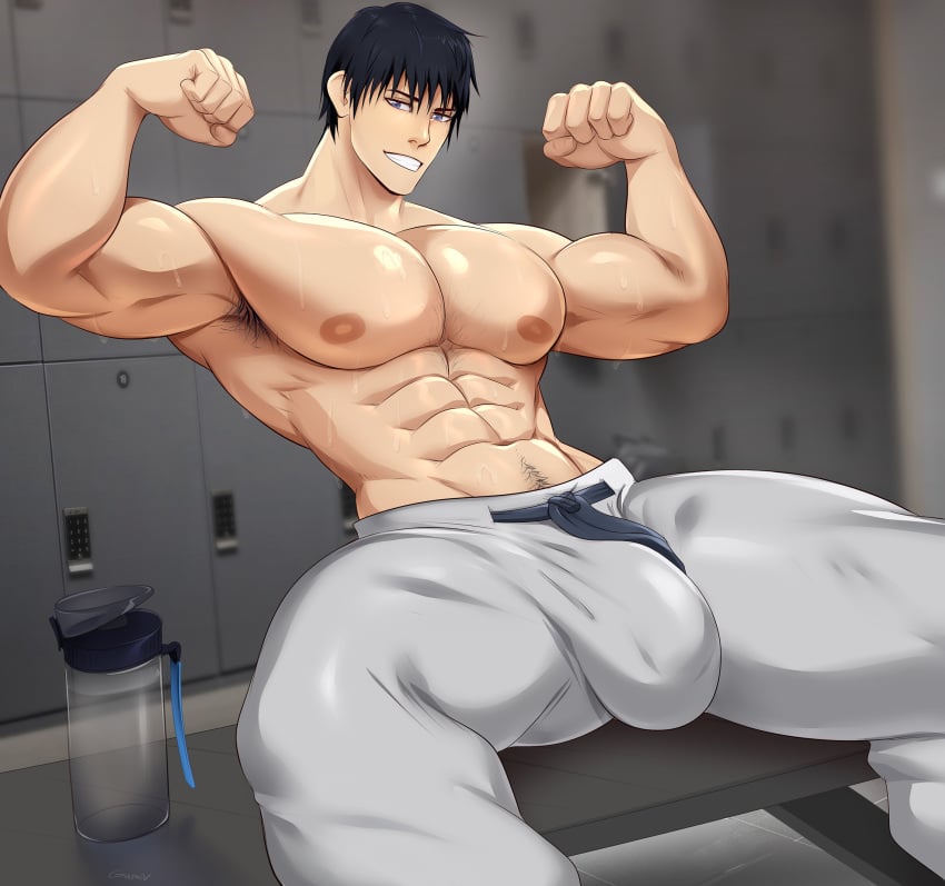 1boy abs big_bulge blue_hair bulge chest_hair dilf flexing gasaiv jujutsu_kaisen male male_only muscular muscular_arms muscular_male solo solo_male toji_fushiguro treasure_trail