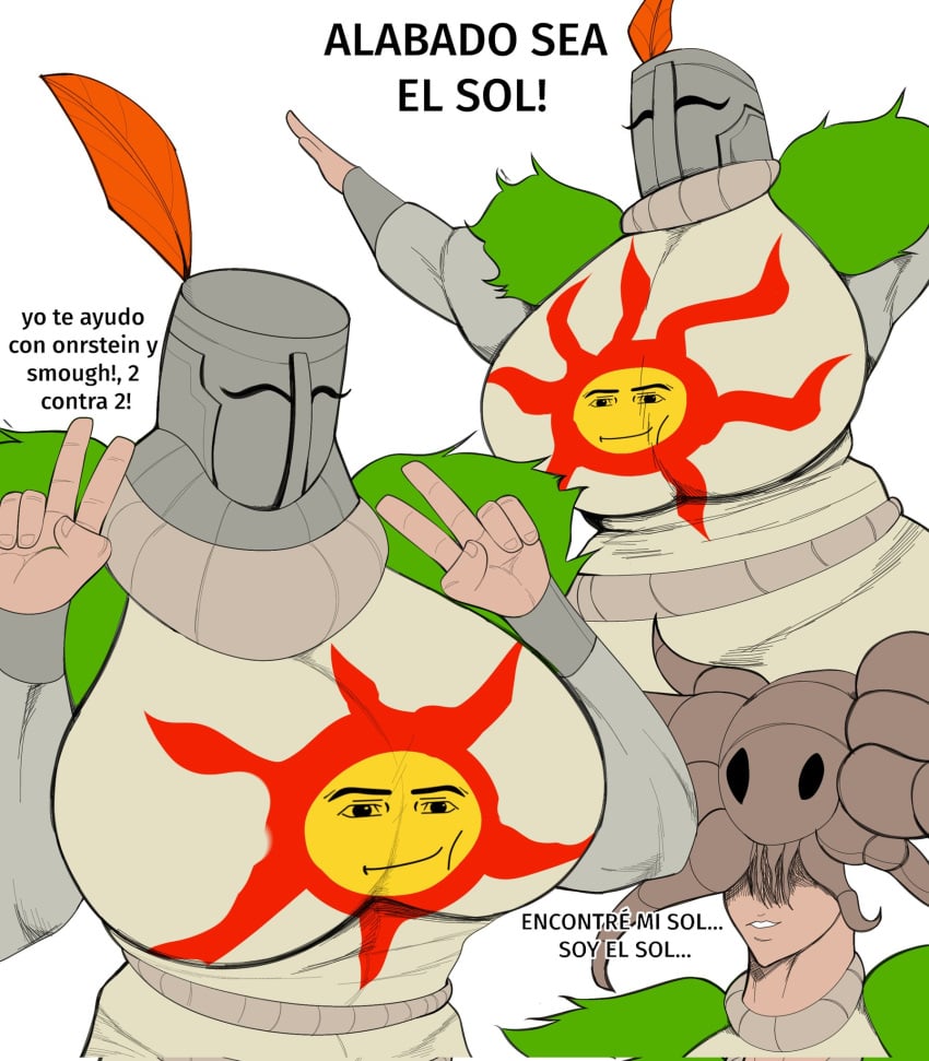 armor big_breasts dark_souls knight man_face(roblox) rule_63 solaire_of_astora solo solo_female spanish_text sunlight_maggot