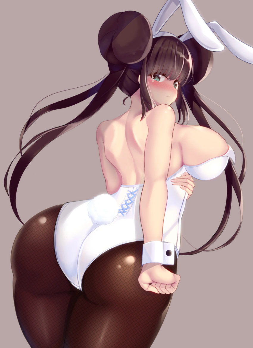 acow ass blush brown_hair bunny_ears bunnysuit busty dat_ass female fishnets large_breasts long_hair pokemon pokemon_bw2 rosa_(pokemon) thick_thighs