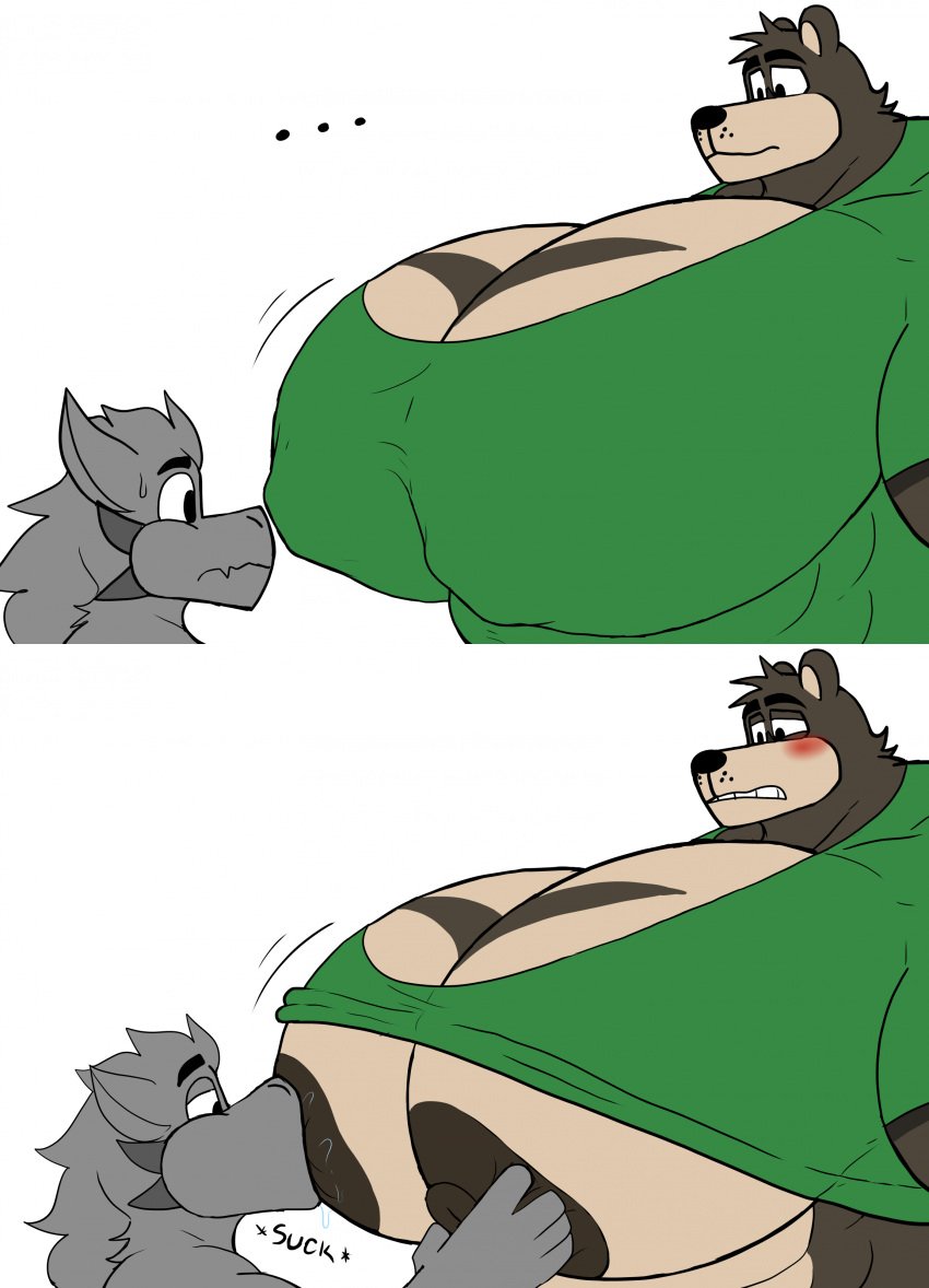 2boys anthro bear big_breasts big_breasts big_chest big_nipples big_pecs busty cleavage furry gay height_difference huge_breasts huge_breasts huge_chest huge_pecs male male/male male_cleavage male_only nipple_play size_difference sucking_nipple sucking_nipples tykehictow