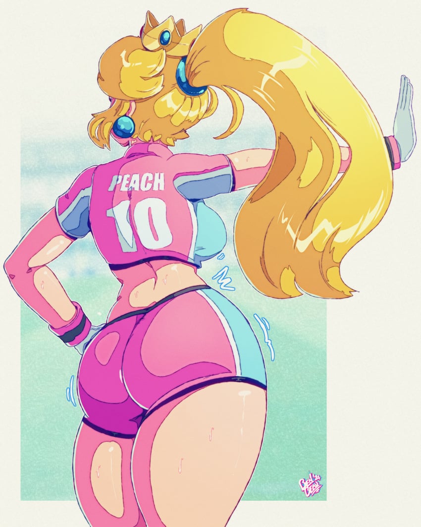 1girls ass back back_view benbeau big_ass blonde_female blonde_hair canonical_scene mario_(series) mario_strikers mario_strikers_peach_back_view_redraw_(meme) mature_female nintendo pink_shorts ponytail princess_peach sports_shorts sports_uniform