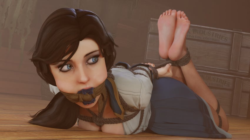 3d arms_behind_back barefoot bioshock bioshock_infinite blue_eyes bondage bound bound_ankles bound_wrists brown_hair elizabeth_comstock fully_clothed fully_clothed_female gag gagged hogtie ironlawbringer