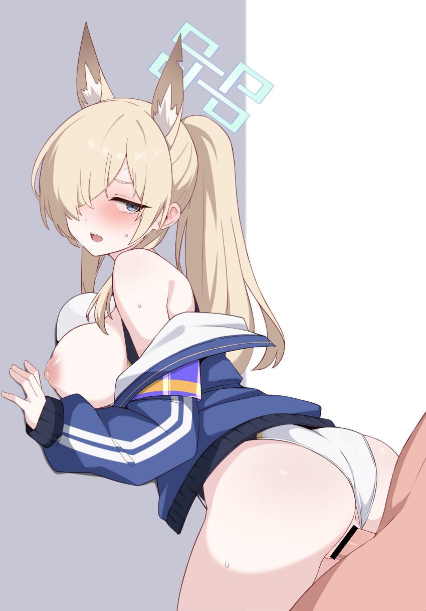 1boy 1girls animal_ears anus ass bare_shoulders blonde_hair blue_archive blue_eyes blue_jacket blush breasts censored clothed_female_nude_male clothed_sex dog_ears extra_ears female hair_over_one_eye halo highleg highleg_one-piece_swimsuit highres jacket kanna_(blue_archive) kanna_(swimsuit)_(blue_archive) kumasteam large_breasts light-skinned_female light-skinned_male light_skin long_hair long_sleeves nipples nude off_shoulder one-piece_swimsuit open_mouth penis ponytail pussy sex sex_from_behind sharp_teeth sidelocks straight swimsuit teeth thighs vaginal_penetration white_one-piece_swimsuit