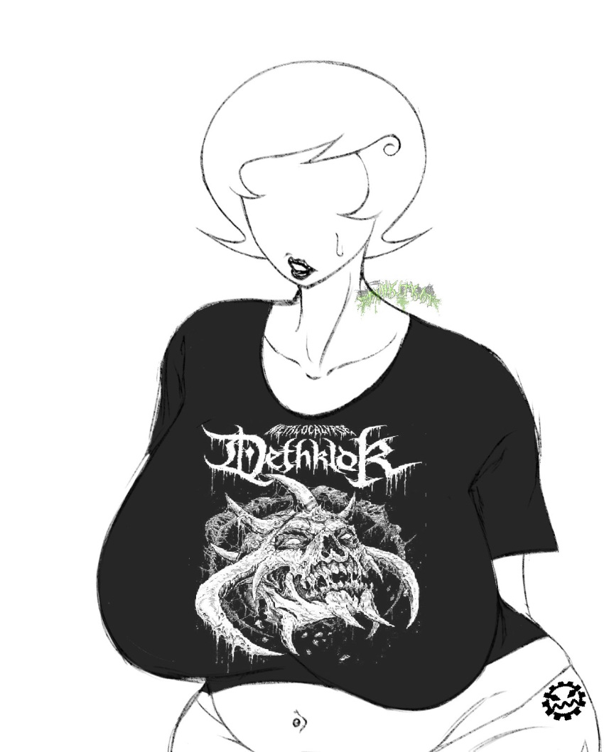 belly_piercing big_breasts black_lipstick breasts bruhkitkat clothed clothing dethklok homestuck metalocalypse mom_lalonde ms_paint_adventures piercing shorts sweat sweatdrop sweating watermark