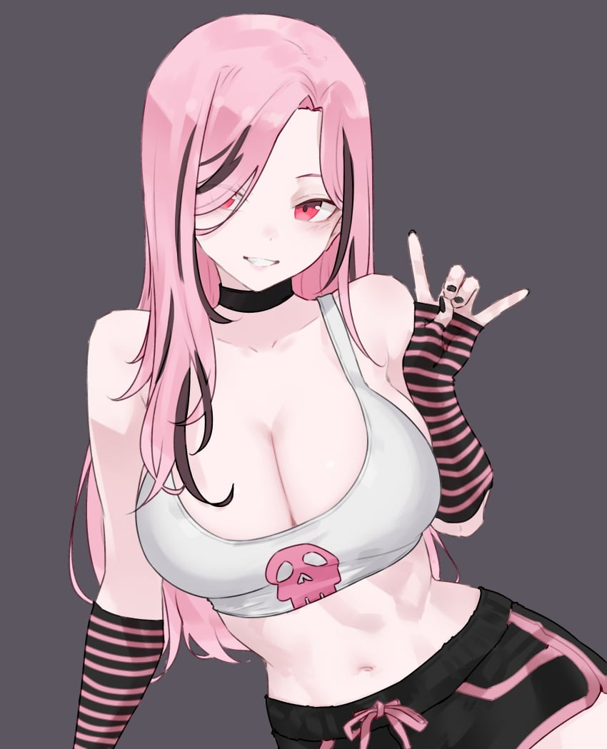 arm_warmers belly_button big_breasts black_highlights bluefield breasts cleavage crop_top dolphin_shorts female female_only fully_clothed hololive hololive_english hololive_myth large_breasts looking_at_viewer mori_calliope shorts tight_clothing virtual_youtuber vtuber vtuberfanart