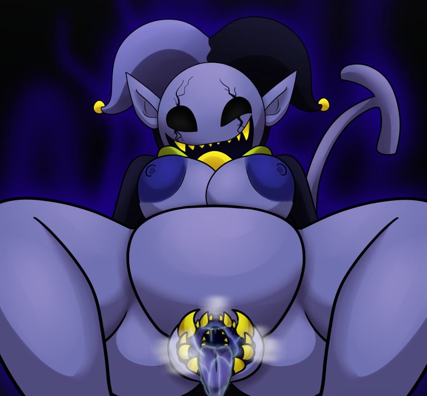 2018 breasts deltarune female jevil_(deltarune) monster_pussy pussy rule_63 slightly_chubby solo vagina_dentata yoshimister