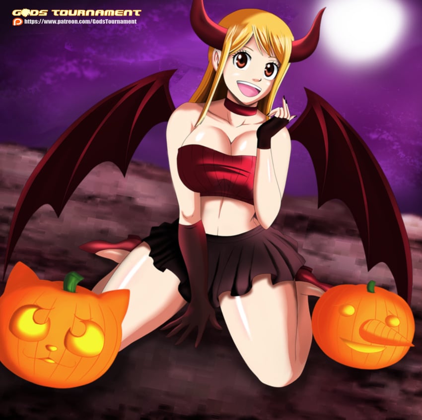 1girls blonde_hair breast_squeeze breasts brown_eyes card_(medium) curvy devil fairy_tail fake_horns finger_to_mouth fingerless_gloves full_moon glove halloween halloween_costume hand_between_legs happy happy_(fairy_tail) heels horns large_breasts legs looking_at_viewer lucy_heartfilia on_knees open_mouth outdoors plue pumpkin seductive short_skirt sitting skirt smile solo succubus thick_thighs wings