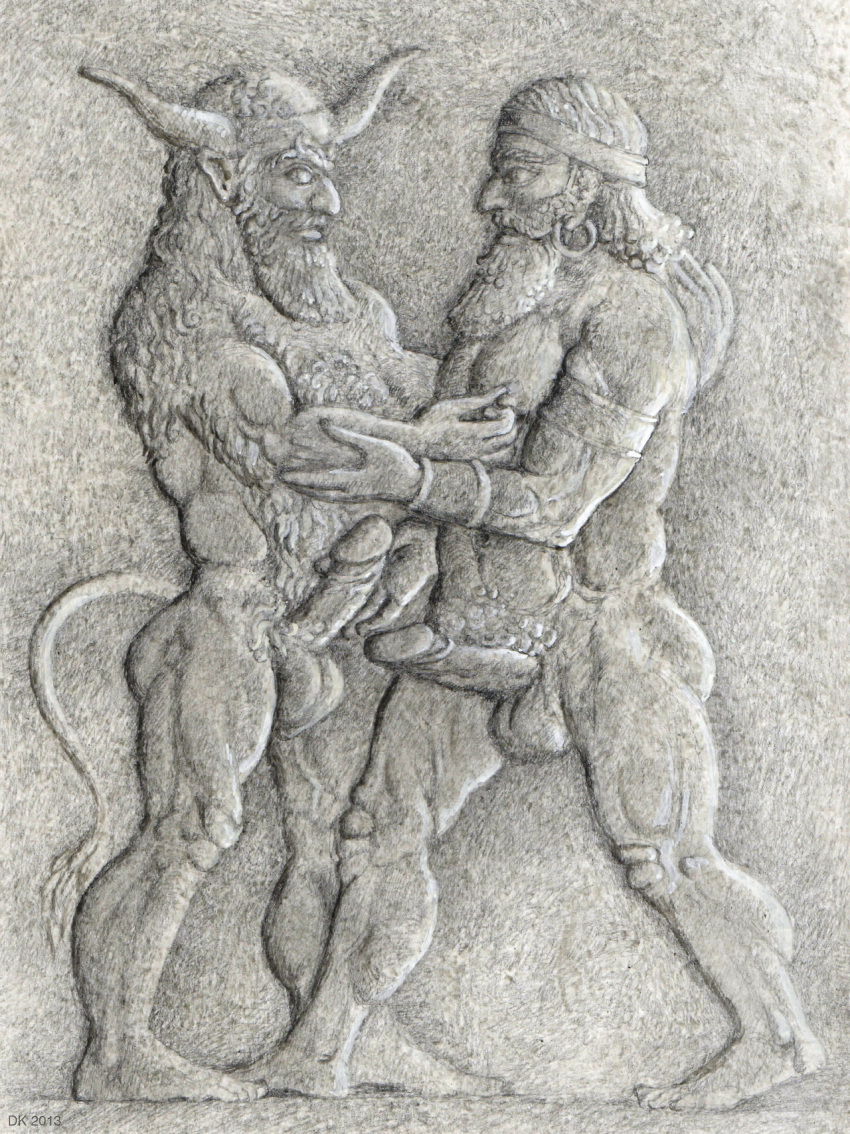 2boys ancient_middle_east armband bara bas-relief beard d.k. d.k._(artist) deity duo earring enkidu erect_nipples erection eye_contact gay gilgamesh hand_on_penis history horned_humanoid horns human interspecies large_balls looking_at_partner male mature mature_male mesopotamian_mythology middle_eastern middle_eastern_male middle_eastern_mythology muscular nipple_pinch pierced_ear relief_sculpture retracted_foreskin sumerian_mythology tail wristband yaoi