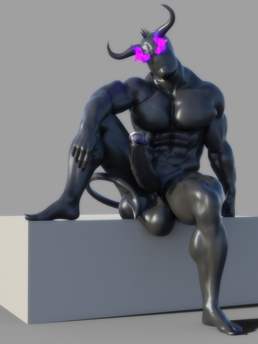 3d balls bara big_balls big_penis black_skin bonerdvoideater demon erection faceless faceless_male horns incubus kreutz_munere leaking_penis looking_at_viewer male male_focus male_only muscles muscular_male nude nude_male penis precum purple_eyes sitting solo tail