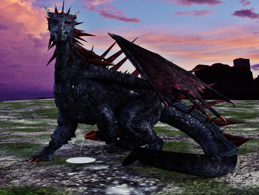 3d black_scales bonerdvoideater claws cum dragon erection feral horn looking_at_viewer male male_only masturbation penis red_eyes scales scalie solo western_dragon wings