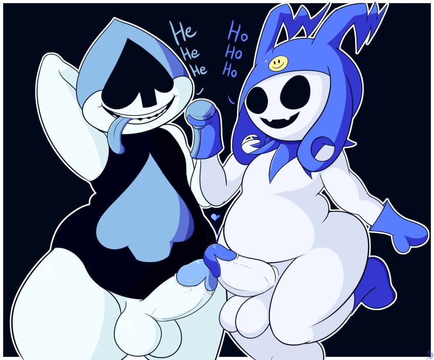 2boys anthro ass clothing crossover deltarune demon duo erection femur_breaker frottage humanoid jack_frost_(megami_tensei) lancer_(deltarune) male male_only not_safe_for_reality testicles