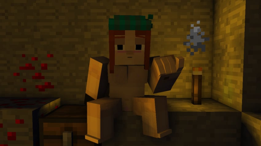 1boy 1girls 3d brown_hair cave chest cubic_breasts erect_nipples female horny_female human humanoid looking_at_viewer mine-imator minecraft minecraft:_story_mode netheregions nude_female petra_(mcsm) spread_legs torch