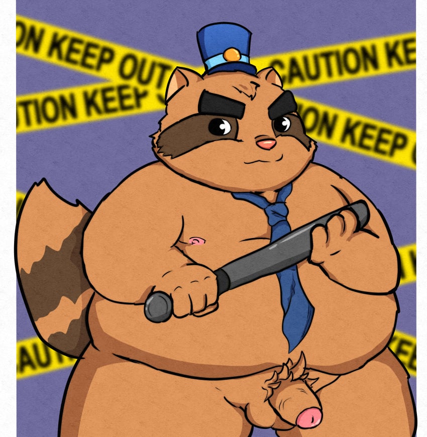 2018 absurd_res alice_detective_bureau anthro balls baton brown_fur english_text eyebrows flaccid fur hat hi_res humanoid_hands inspector_arai kusosensei male male_only mammal moobs mostly_nude necktie nipples overweight overweight_male penis procyonid pubes raccoon simple_background solo text thick_eyebrows