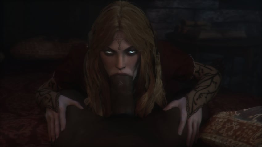 1boy 1girls 3d blonde_hair cd_projekt_red dark-skinned_male dark_image elf faceless_male fellatio female francesca_findabair interracial leeterr looking_at_viewer male oral penis pov the_witcher the_witcher_(series)