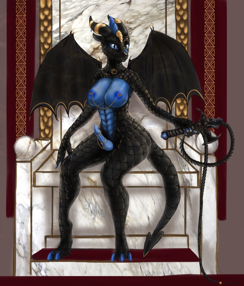 1futa anthro black_skin blue_eyes breasts chair dickgirl domina dominatrix dragon fan_character futanari horn intersex jewelry looking_at_viewer mdwines nude penis scale scalie simple_background solo throne whip wings