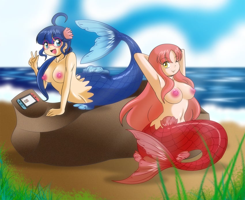 2girls ahoge arm_support arms_behind_head beach blue_eyes blue_hair boastudio female female_only fins glasses grass hair_ornament highres long_hair looking_at_viewer mermaid multiple_girls navel nintendo_switch ocean open_mouth original outdoors pink_hair png ponytail pose sand smile tailfin topless w water wink yellow_eyes