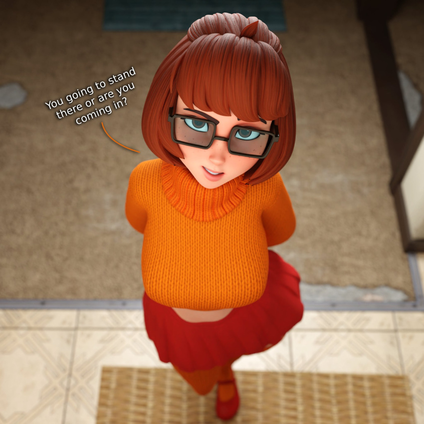 3d 3d_(artwork) arms_behind_back big_breasts blender_(software) brown_hair freckles glasses looking_up nerdy_female plump pov scooby-doo short_hair short_skirt smitty34 sweater sweater_puppies tagme text thick velma_dinkley