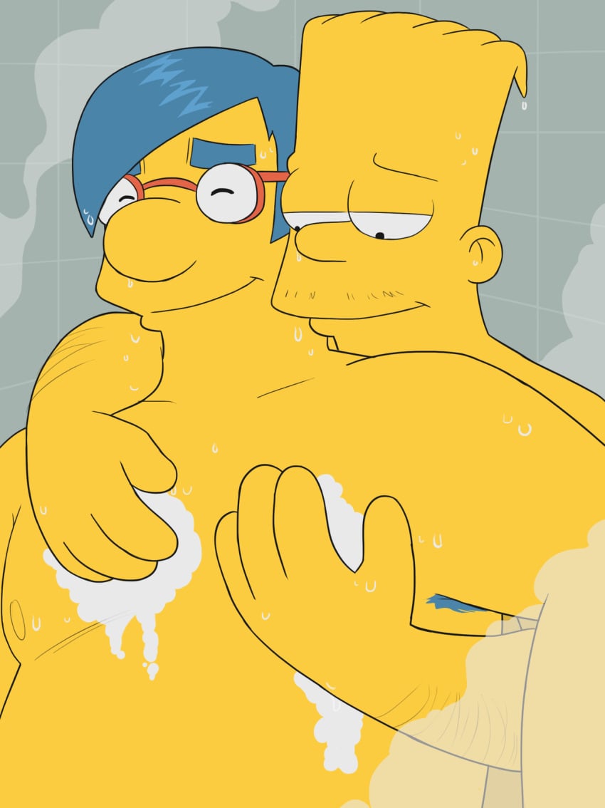 armpit_hair bart_simpson blue_hair gay glasses human idrewthis intimate male male_only milhouse_van_houten pluvatti sensual shower soap steam the_simpsons yaoi yellow_skin