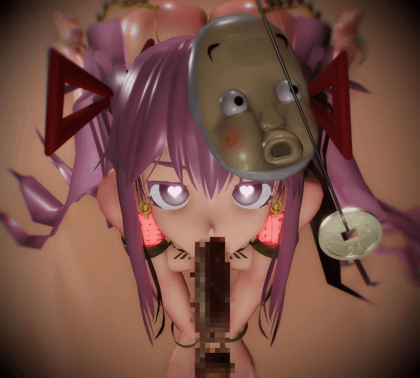 3d bottomless breasts censored earrings fellatio femsub furui happy_trance hata_no_kokoro heart heart-shaped_pupils heart_eyes hyottoko_mask large_breasts long_hair maledom mask mind_control nude oral pendulum penis pink_hair purple_hair topless touhou twintails