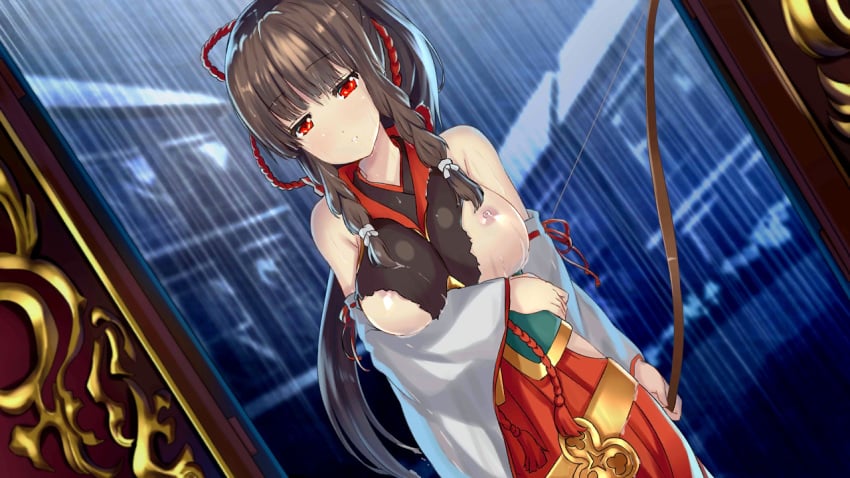 breasts brown_hair female female lycia naughty_kingdom nutaku solo torn_clothes