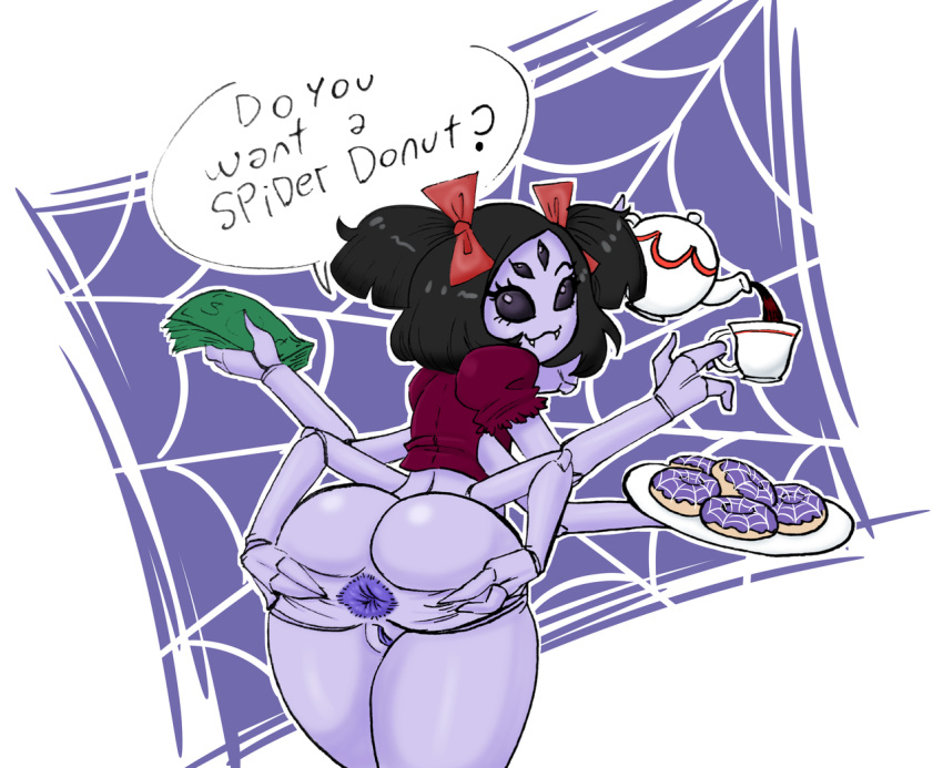 6_arms anus arachnid arthropod ass beverage big_anus big_ass big_butt big_butthole bottomless butthole clothed clothing dark_anus dark_butthole dark_skin donut female food froseak insects money muffet pussy speech_bubble spider spreading tea text undertale video_games