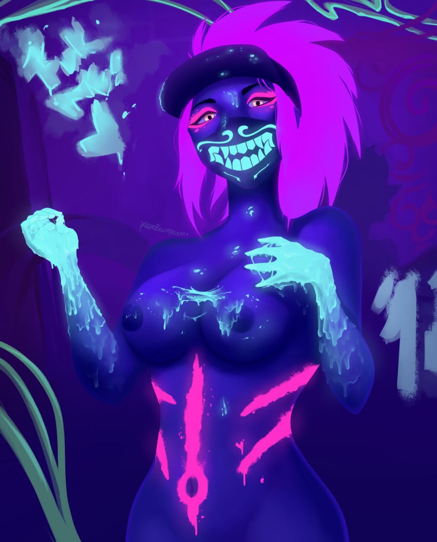 akali alternate_costume blacklight bodypaint breasts face_mask female glowing hat k/da_akali k/da_series league_of_legends looking_at_viewer mask navel nipples nude ponytail solo ultraviolet_light yellow_eyes