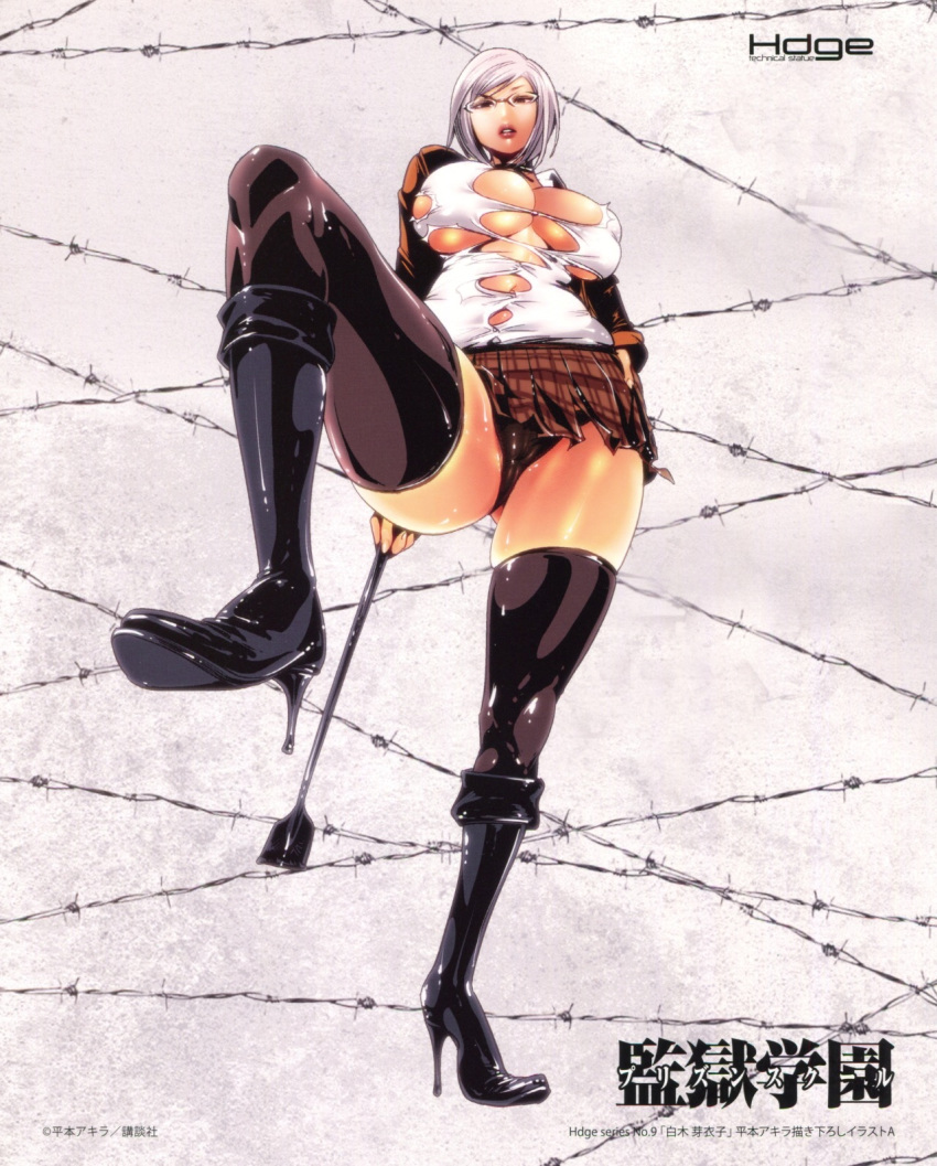 barbed_wire black_panties boots breasts dominatrix eyewear female female_only full_body glasses hand_on_hip high_heel_boots hiramoto_akira human large_breasts latex looking_at_viewer looking_down low-angle_shot miniskirt plaid_skirt pleated_skirt prison_school riding_crop shiraki_meiko short_hair skirt solo straining_buttons thighhighs torn_clothes torn_shirt upskirt white_hair