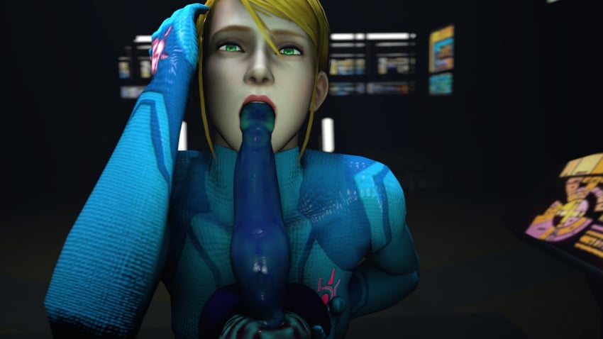 3d blonde_hair bodysuit dildo falcosfm green_eyes looking_at_viewer metroid nintendo samus_aran sidelocks source_filmmaker tagme zero_suit_samus