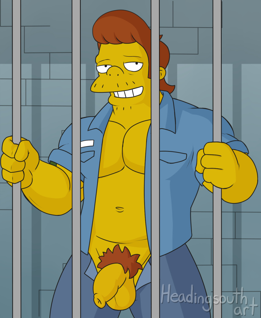 abs balls behind_bars flaccid foreskin half-dressed headingsouth jail jail_cell long_foreskin looking_at_viewer male male_only penis penis_out pubic_hair snake_jailbird the_simpsons thick_penis uncut unretracted_foreskin