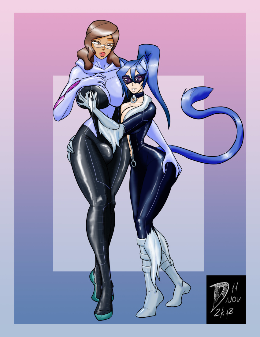 athorment_oc big_breasts black_cat_(cosplay) blue_eyes blue_hair brown_eyes brown_hair bulge cat_ears cat_tail cleavage clothed cosplay evelyn_(athorment) evelyn_(athorment)_(futa) evelyn_milf_(athor69) evelyn_mirage_(athorment) female futa_with_female futanari glasses intersex lactating lactation lactation_through_clothes large_breasts marvel menasor milf mother_and_daughter nipples original_character ponytail spider-gwen_(cosplay) tongue_out wide_hips zoey_(athor69)