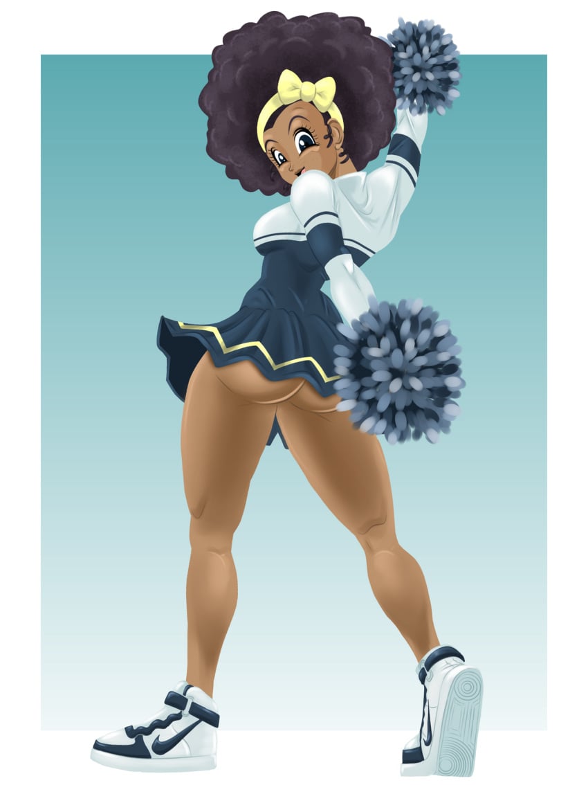 1girls afro ass big_ass black_eyes black_hair blue_background breasts cheerleader cheerleader_uniform clothes dark-skinned_female dark_skin dragon_ball dragon_ball_super dragon_ball_super_super_hero dragon_ball_z headband looking_back maijin-kakarroto pom_poms rulah_(dragon_ball) sideboob sidelocks skirt smile solo standing thick_thighs upskirt