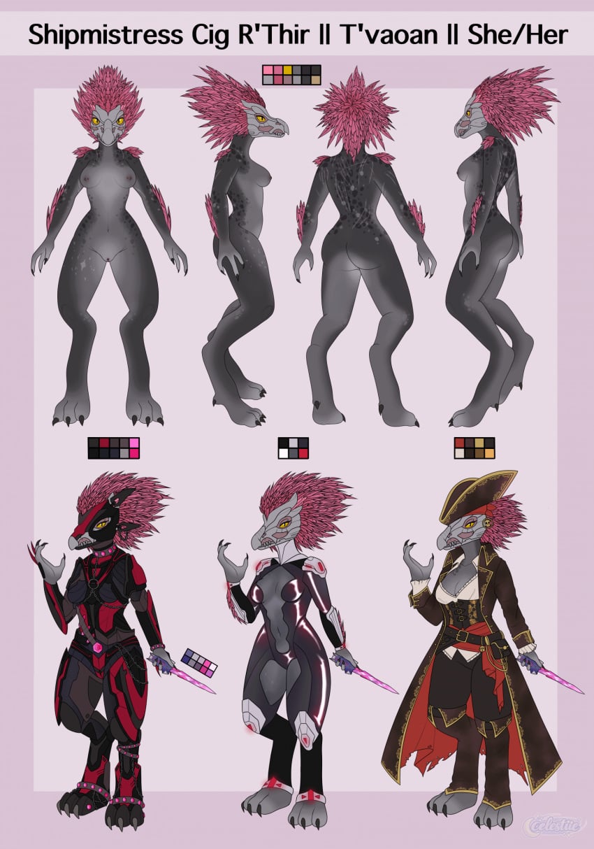 3_fingers 3_toes alien anthro arm_feathers arm_tuft armor avian barbell_piercing bodysuit breasts butt celestiie clothing coat colored corset digitigrade eyelashes feather_hair feathered_crest feathers feet female fingers full_armor genital_piercing genitals grey_body grey_scales halo_(series) head_crest hi_res holding_melee_weapon holding_object holding_weapon kig-yar labia_piercing lingerie long_eyelashes melee_weapon microsoft model_sheet nipple_piercing nipples non-mammal_breasts nude piercing pink_body pink_feathers pirate pirate_costume pirate_hat pirate_outfit pseudo_hair pupils scales scalie shoulder_tuft simple_background skinsuit slit_pupils small_breasts solo spurs_(anatomy) t'vaoan tight_clothing toes topwear tuft vulva vulva_piercing weapon xbox_game_studios yellow_eyes